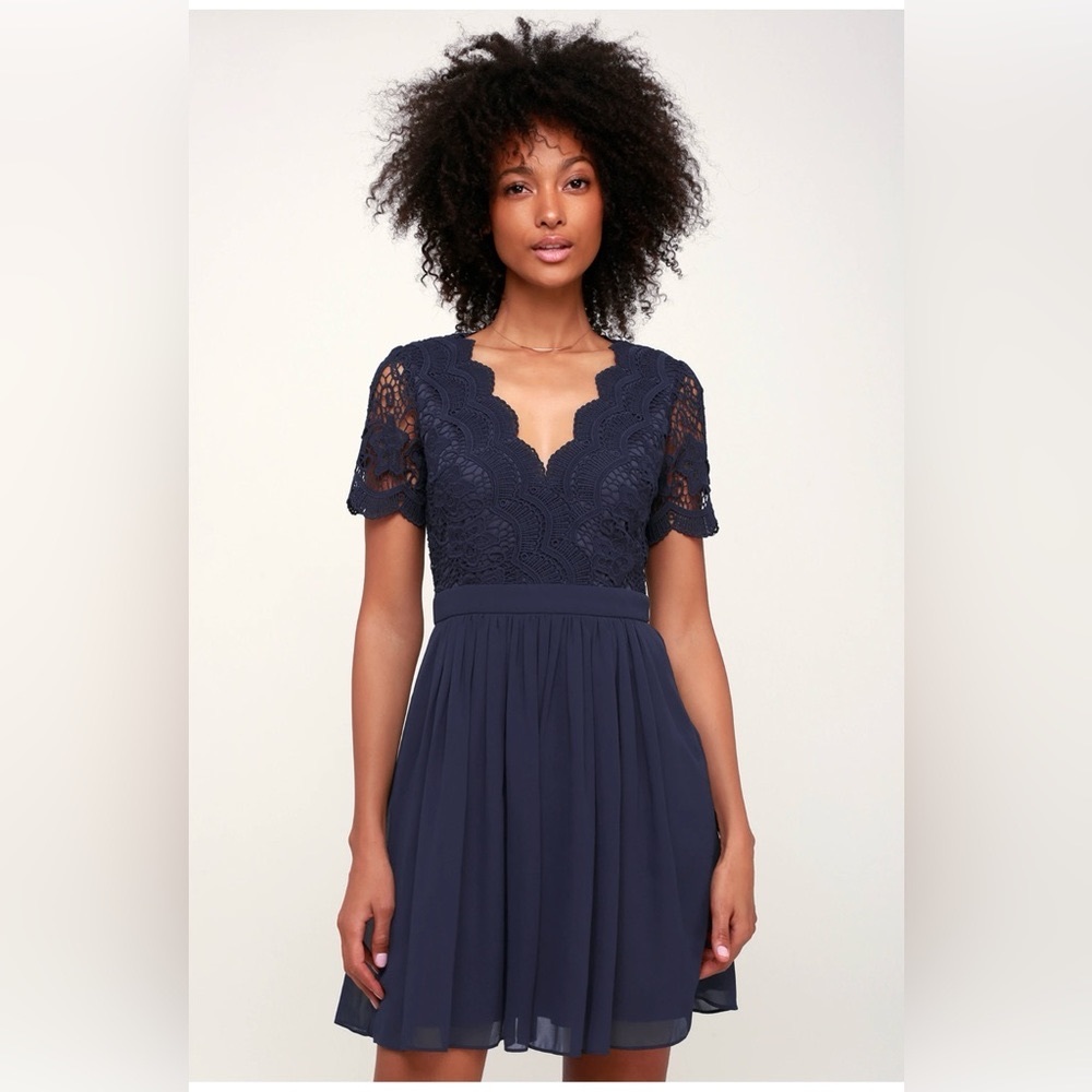 Lulus Angel in Disguise Navy Blue Lace Skater Dress
